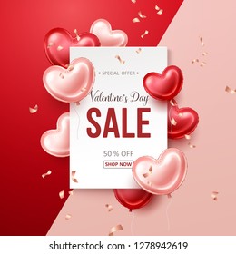 Valentines Day sale banner with heart shaped balloons. Vector illustration