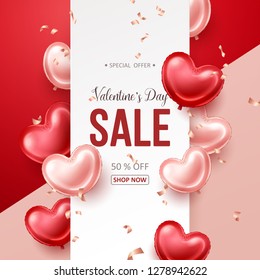 Valentines Day sale banner with heart shaped balloons. Vector illustration