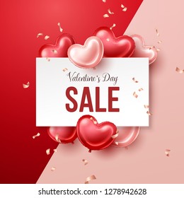 Valentines Day sale banner with heart shaped balloons. Vector illustration