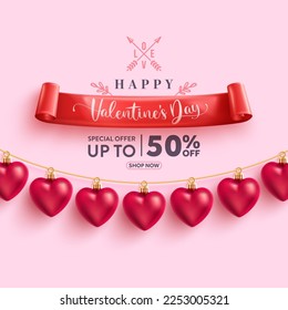 Valentine's Day Sale banner with Heart Ornament for Valentine on pink background.Promotion and shopping template for love and Valentine's day concept. Vector illustration eps 10 