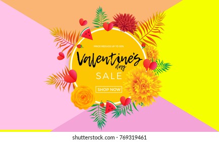Valentines Day sale banner of hearts, yellow rose flowers and palm leaf or berry on pink background. Vector Valentine fashion shopping season sale discount offer season design template