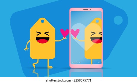 Valentines day sale banner with love price tag and smartphone. Сute emoji price tag holding heart in hand and reflected in smartphone. Vector illustration