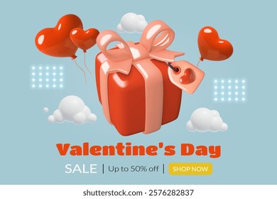 Valentines day sale banner in a modern 3d style with a red gift box and heart balloons in clouds. Holiday flyer design template. Vector illustration.