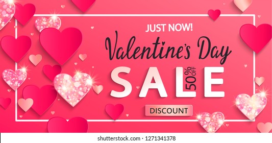 Valentines day sale banner with paper shiny glitter hearts,poster template.Pink abstract background with shimer hearts ornaments, origami style.Discount flyer,card for february 14.Vector illustration.