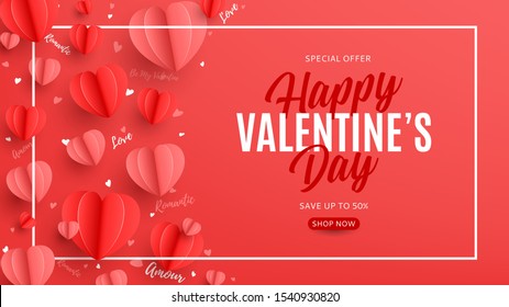 Valentine's Day sale banner in paper art style. Holiday banner with realistic red and pink paper hearts and white frame. Festive vector illustration. Seasonal discount offer.