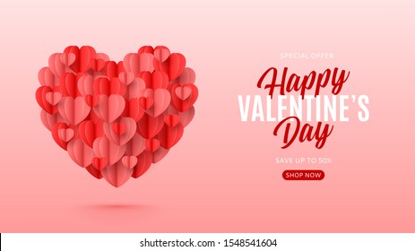 Valentine's Day sale banner in paper art style. Holiday banner with realistic flying heart. Festive vector illustration. Seasonal discount offer.