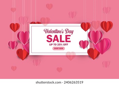 Valentine's Day sale banner in paper art style. Holiday banner with realistic flying red and pink paper hearts and white square