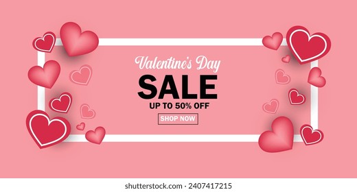 Valentine's Day sale banner in paper art style. Holiday banner with realistic red paper hearts and white frame