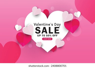 Valentines Day Sale banner with paper heart on pink background