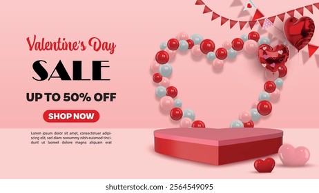 valentine's day sale banner with party balloons and pennants. valentine background with heart shaped podium