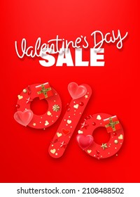 Valentines day sale banner with percentage sign and holiday accessories and lettering inscription. 3d vector illustration 
