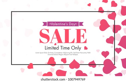 Valentine's Day sale banner with pink heart shapes.