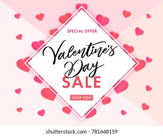 Valentines Day sale banner pink hearts. Valentines Day sale banner template with typography text special offer valentine`s day and pink hearts on background. Vector illustration