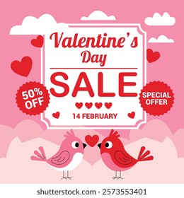 Valentine's Day sale banner with a pink-red theme, hearts, bold "SALE" text, 50% off offer, and "14 February." Features two cartoon lovebirds with a heart, perfect for romantic promotions