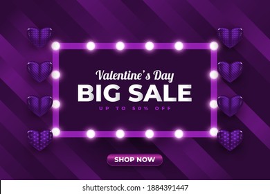 Valentine's day sale banner or poster with glowing lights and 3d hearts on  dark background. Promotion and shopping template for Valentine's day
