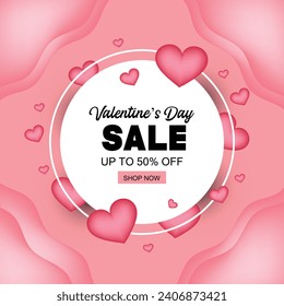 Valentine's Day Sale Banner or Poster Design with 50% Discount Offer and Glossy Hearts Decorated on Pink Paper Cut Waves Background