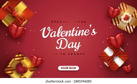 Valentine's day sale banner with realistic gift boxes and 3d hearts on red gradient background. Horizontal poster, greeting card, banner for website. Promotion and shopping template for Valentines day