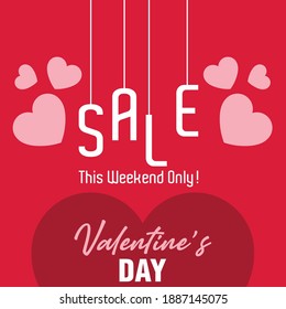 valentine's day sale banner with red background and pink hearts.