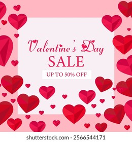 Valentine's Day sale banner with red hearts. Vector illustration.