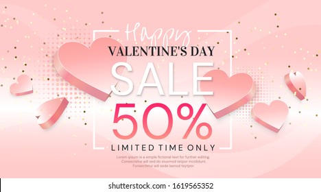 Valentine's Day sale banner. Romantic composition with hearts on the pink background . Vector illustration for website , posters,ads, flyers and other promotional material.