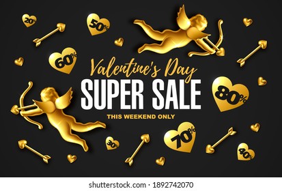 Valentine's Day sale banner. Romantic holiday flat lay design with composition of gold aiming Cupids, arrows and hearts vector illustration