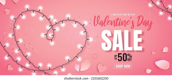 Valentine's Day sale banner. Romantic composition with hearts, petals and a garland on a pink background. Vector illustration for website , posters,ads, flyers and other promotional material.