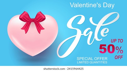 Valentine's day sale banner. Romantic composition with hearts. Vector illustration for website, advertisements, promotional materials. Volumetric hearts