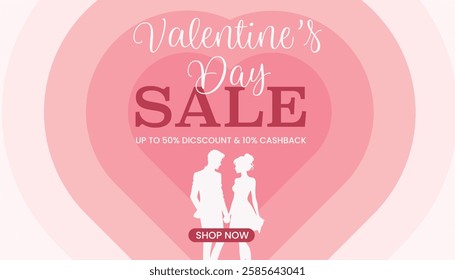  Valentine's Day sale banner with a romantic couple silhouette, layered heart background, and promotional discount text.