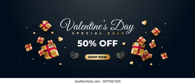 Valentine's day sale banner with scattered golden gift boxes and hearts