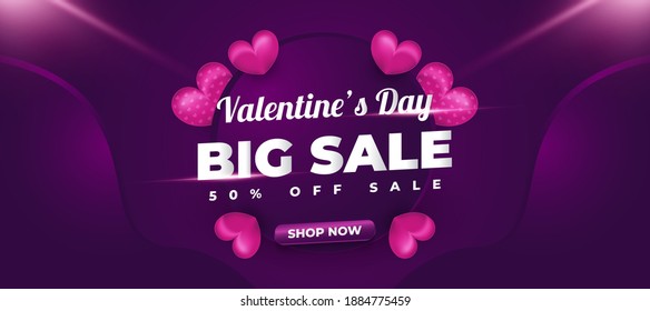 Valentine's day sale banner with scattered purple hearts and shining lights on paper background for promotion or advertisement