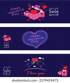 The Valentine's Day sale banner set is designed with contrasting colors and romantic elements.