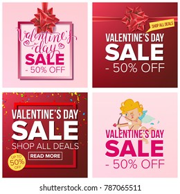 Valentine's Day Sale Banner Set Vector. Cartoon Business Brochure Illustration. February 14 Mega Sale Design Concept. Template For Valentine Sale Brochure, Love Poster, Discount Offer Advertising