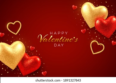 Valentines day sale banner with shining realistic red and gold 3d balloons hearts with glitter texture and confetti. Background, flyer, invitation, poster, brochure, greeting card. Vector illustration