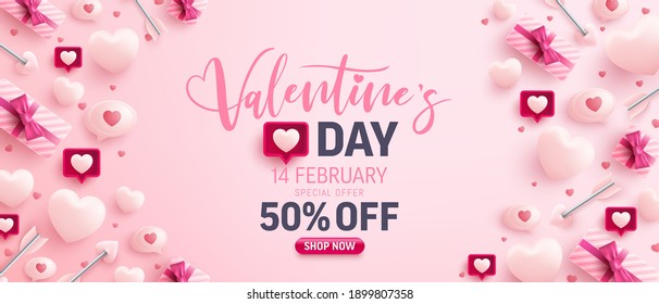 Valentine's Day Sale banner for social media website with sweet hearts,speech bubble and valentine elements on pink background.Promotion and shopping template for love and Valentine's day concept.