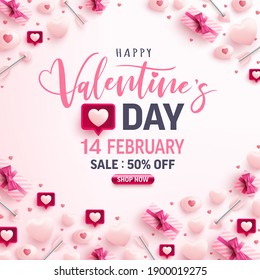 Valentine's Day Sale Banner For Social Media Website With Sweet Hearts,speech Bubble And Valentine Elements On Pink Background.Promotion And Shopping Template For Love And Valentine's Day Concept.