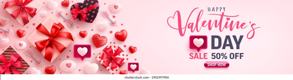 Valentine's Day Sale banner for social media website with sweet hearts,speech bubble and valentine elements on pink background.Promotion and shopping template for love and Valentine's day concept.