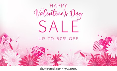 Valentine's Day Sale banner as sweet tone color included floral ,gift box and heart decoration, free space as middle with white background ,composition is top view arrangement at bottom