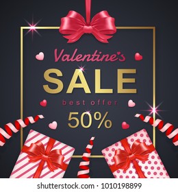 valentines day sale banner template typography, ribbons, hearts, fame and gifts decoration for flyers, poster, web, banner, and card vector illustration