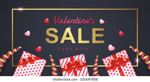 valentines day sale banner template typography, ribbons, hearts, fame and gifts decoration for flyers, poster, web, banner, and card vector illustration