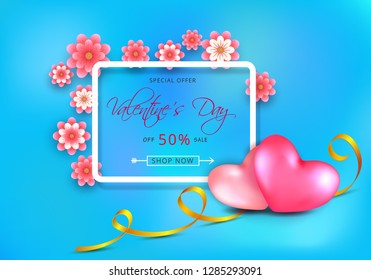 Valentines day sale banner template realistic pink hearts on holiday blue background with white border frame and pink paper flowers. Design for greeting card, posters, invitation, flyers
