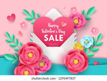 Valentine's day sale banner template for social media advertising, invitation or poster design with paper art flowers and envelope background. Vector illustration