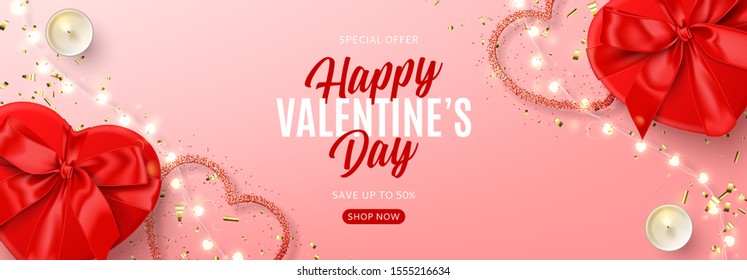 Valentine's Day sale banner template. Vector illustration with realistic red gift boxes, sparkling light garland, candles and confetti on pink background. Promo discount banner.