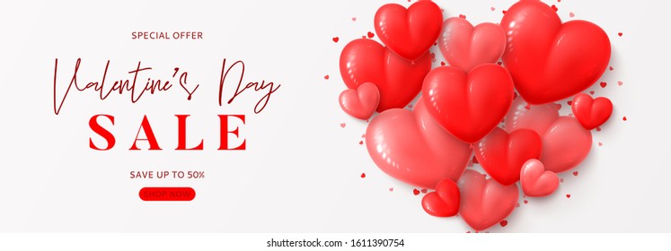 Valentine's Day sale banner template. Vector illustration with realistic red and pink balloons and confetti on white background. Holiday greeting card.