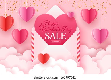 Valentines day sale banner template for social media advertising, invitation or poster design with paper art heart shapes and envelope background. Vector illustration