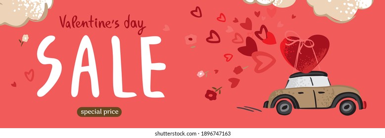 Valentine's Day sale banner template. Horizontal poster with a car, big heart on the trunk, clouds in retro style isolated on red. Background for stores, social media, websites. Vector illustration.