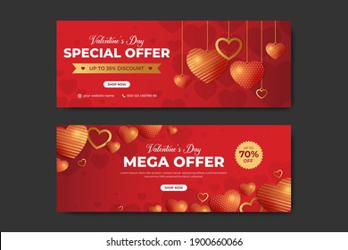 Diseño de plantillas de banner para la venta del día de San Valentín con globo de corazón. Banner web o portada con logotipo para promoción de ofertas de día de San Valentín. Pancarta de vector de marketing digital gráfico abstracto para negocios en línea.