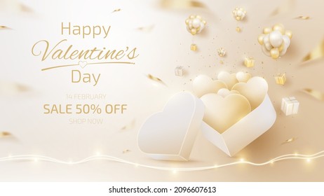 Valentines day sale banner template with 3d heart shape ornaments and gift box. luxury background.