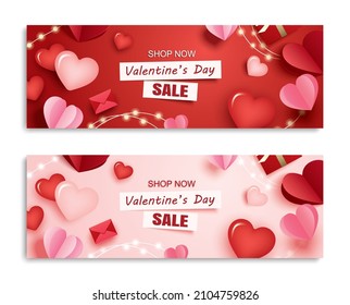 Valentines day sale banner template with heart and text on pink background.