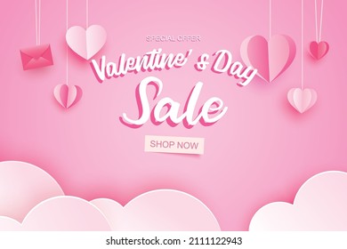 Valentines day sale banner template with heart hanging on pink pastel background.