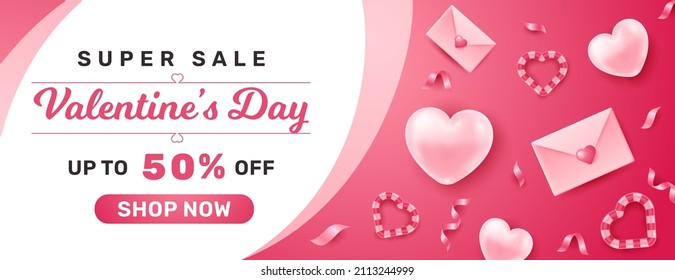 Valentine's Day Sale Banner Template Design. Ilustration with Realistic Heart and Letter with Gradient Pink Background. Perfect for advertising and Promotion on Social Media